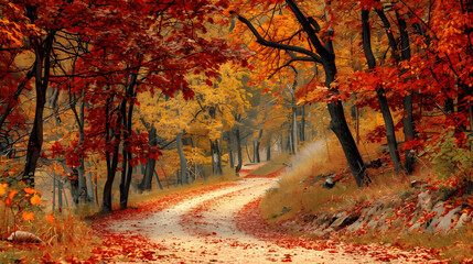 Naklejka premium Scenic autumn landscape with winding path and vibrant trees