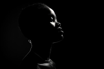 A silhouette of the head and shoulders against a black background, with light coming from behind to create an outline of facial features Generative AI