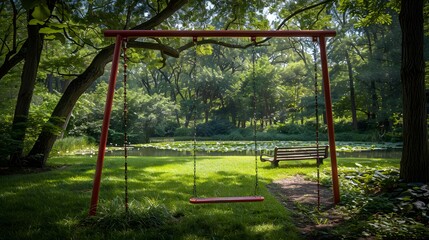 A vibrant red swing set amidst a lush green park, surrounded by towering oak trees and a carpet of emerald grass. ideal for children to engage in outdoor play.