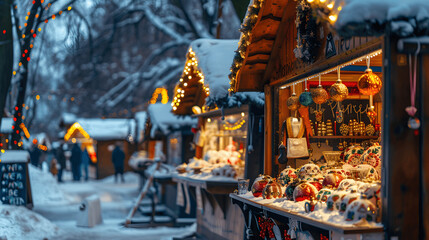 Christmas market stall with handcrafted ornaments