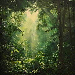 An expansive view of a dense forest with sunlight filtering through the canopy, highlighting the varied textures and shades of green, and creating a sense of depth and tranquility