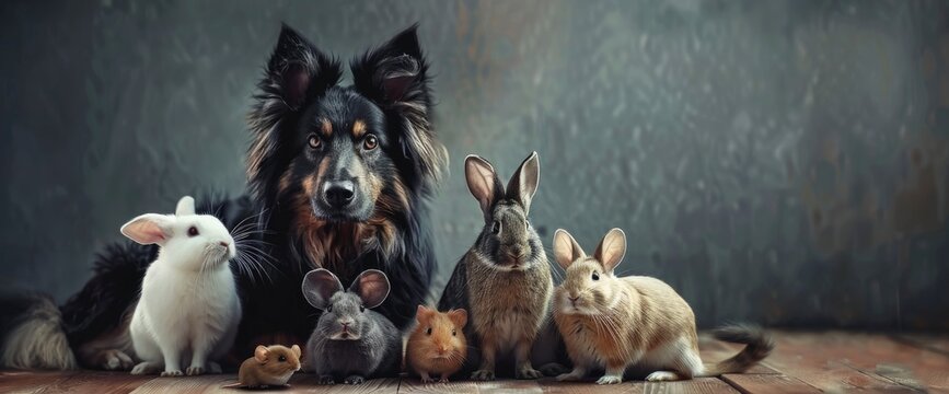 Fototapeta Group Of Different Kinds Of Pets Like Cat, Dog, Rabbit, Mouse, Chinchilla, Guinea Pig, Bird,High Resolution, Ultra HD