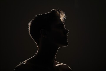 A silhouette of the head and shoulders against a black background, a young man with short hair is seen in backlight Generative AI