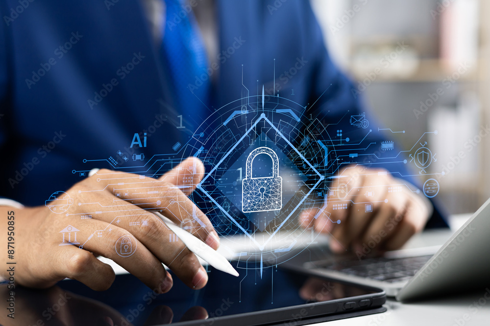 Fototapete global network security, businesspeople safeguard personal data with encryption technology, cybersec