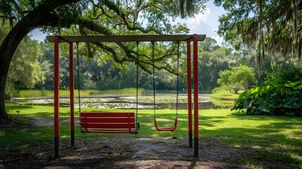 A vibrant red swing set amidst a lush green park, surrounded by towering oak trees and a carpet of emerald grass. ideal for children to engage in outdoor play.