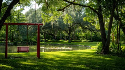 Obraz premium A vibrant red swing set amidst a lush green park, surrounded by towering oak trees and a carpet of emerald grass. ideal for children to engage in outdoor play.