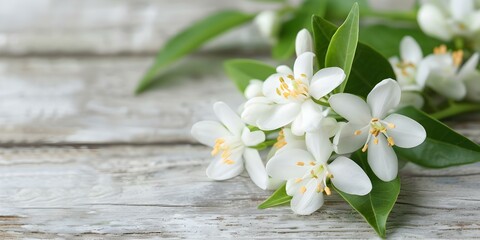 Neroli Essential Oil Flowers on Rustic Wood Background. Concept Aromatherapy, Essential Oils, Natural Remedies, Wellness, Home Decor
