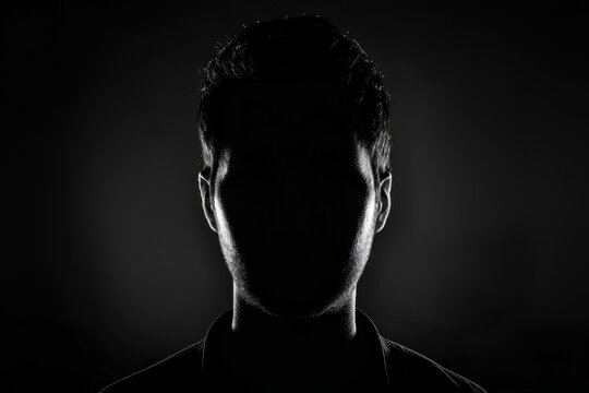 silhouette of man, head and shoulders only, on black background, facing camera, high contrast, low light Generative AI