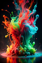 Surreal neon ink explosion. Abstract art in luminous colors on a black backdrop.