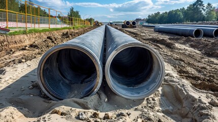 Two sturdy, grey water pipes in a trench filled with sand and dirt. Likely for water supply, they indicate a construction site or pipeline project
