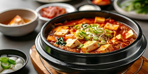 Korean Clay Pot Stew with Soybean Paste Tofu and Vegetables. Concept Korean cuisine, Clay Pot Stew, Soybean Paste, Tofu, Vegetables