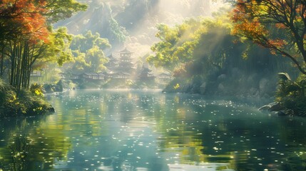 Fototapeta premium Beautiful river in a lush green forest with sunlight shining through the trees. The water is calm and clear, In the background there is an ancient village surrounded by bamboo forests.