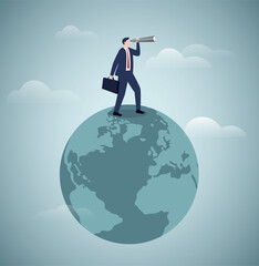 Globalization, global business vision. Businessman standing on planet earth and use telescope to see vision or future profit. World economics or business opportunity concept. Flat vector illustration