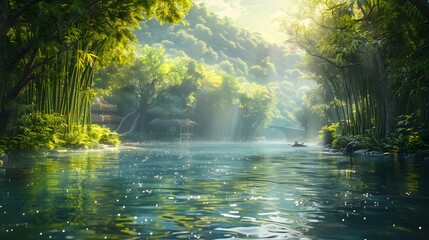 Fototapeta premium Beautiful river in a lush green forest with sunlight shining through the trees. The water is calm and clear, In the background there is an ancient village surrounded by bamboo forests.