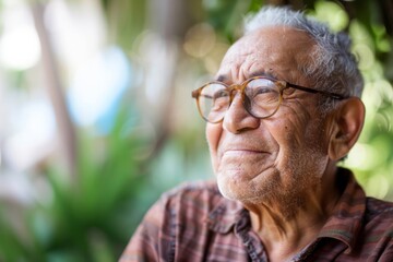 Smiling hispanic senior man wearing eyeglasses in a park outdoor.
