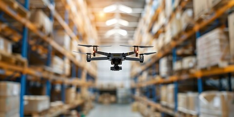 Utilizing High-Tech Warehouse Drones for Streamlined Inventory Management and Order Fulfillment. Concept Warehouse Drones, High-Tech Solutions, Inventory Management, Order Fulfillment