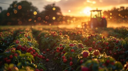 A captivating photograph capturing a group of farmers working together in a lush, sun-drenched field, using innovative agricultural