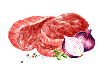 Fresh raw beef steakes, food concept. Hand drawn watercolor illustration isolated on white background