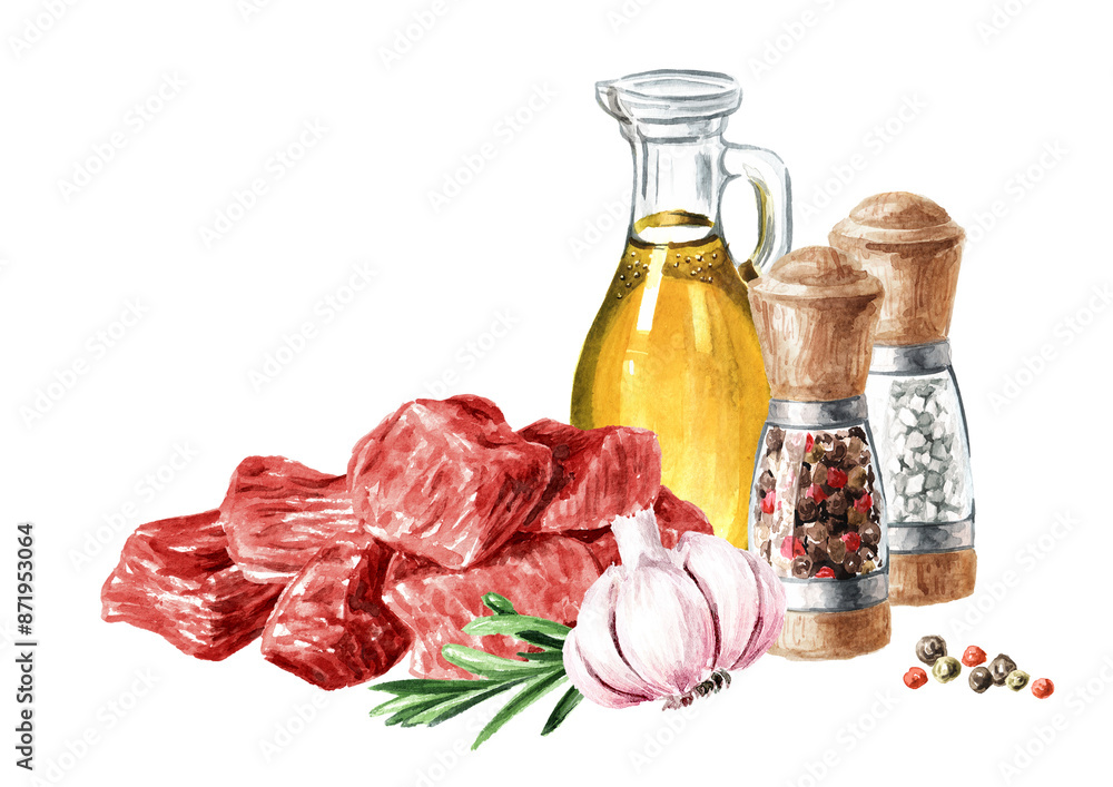 Poster diced raw red beef meat, food concepts. hand drawn watercolor illustration, isolated on white backgr