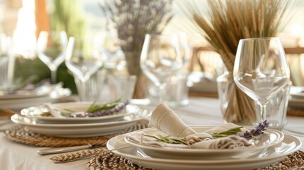 Naklejka premium An elegant tablescape decorated with dried lavender rosemary sprigs and bundled wheat stalks creating a peaceful and aromatic ambiance.