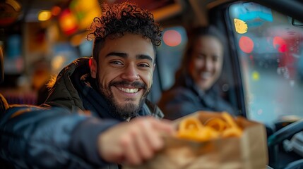 Obraz premium Happy Man Offering French Fries in Car on Night Out