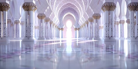 Middle Eastern castle hall with luxurious symmetrical design bright purple and gold. Concept Middle Eastern architecture, Luxurious design, Purple and gold decor, Castle hall, Symmetrical pattern