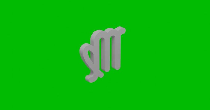 Animation of rotation of a white zodiac virgo symbol with shadow. Simple and complex rotation. Seamless looped 4k animation on green chroma key background