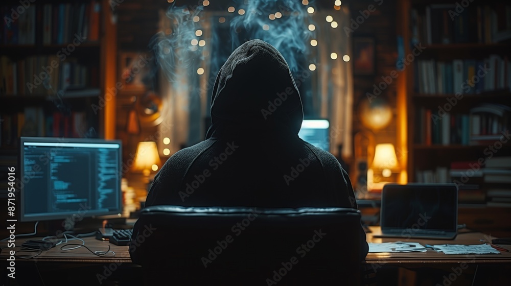 Aufkleber A hooded figure sits at a desk with a computer and a laptop in front of them, illuminated by a lamp and the glow of the computer screen in a dimly lit room.