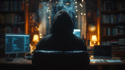 A hooded figure sits at a desk with a computer and a laptop in front of them, illuminated by a lamp and the glow of the computer screen in a dimly lit room.