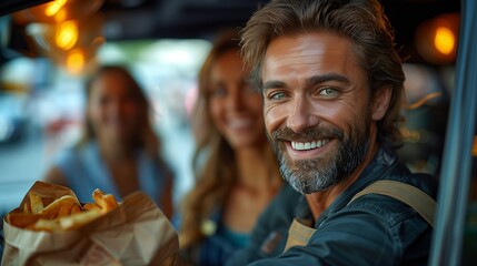 Obraz premium Man Smiling With French Fries in a Food Truck