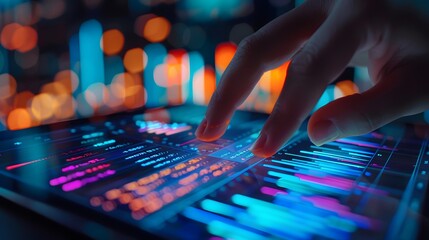 Fototapeta premium Focused view of fingers scrolling through financial charts on a tablet, vibrant display with cool blue tones, high-resolution clarity, narrow depth of field, the essence of modern investment analysis.