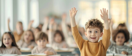 Fototapeta premium Joyful young students eagerly raising hands in a bright classroom, ready to participate and learn, experiencing education and engagement.