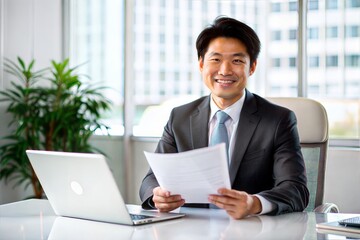 Smiling Asian Executive Holding Financial Document in Modern Office
