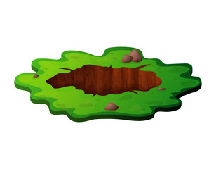 Deep hole in the ground with grass and stones. Brown soil, large cracks and ruins. Digging of sand coal waste rock. Detailed drawing in cartoon style. Vector illustration isolated on white background