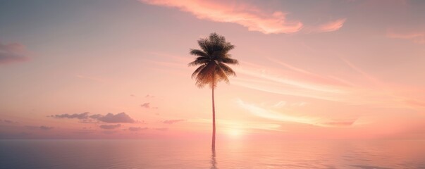 A serene tropical beach landscape with a lone palm tree at sunset, highlighting a beautiful pink and purple sky reflection on the calm sea.