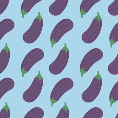 Eggplant seamless pattern. Abstract vegetable on a blue background. Vector illustration for kitchen textile, cover, packaging, wrapping paper