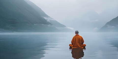 Serene and Tranquil Tibetan Monk Meditating Near Water By Misty Mountains. Concept Spiritual Portraits, Meditation Photography, Nature Setting, Serene Vibes, Peaceful Tranquility