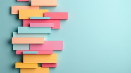 Minimalistic design with colorful geometric shapes stacked against a pastel blue background. Modern abstract aesthetic for creative projects.