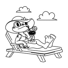 The children's character frog relaxing in a sun lounger on a tropical beach with a cocktail in his hand. Children's coloring page (A4 format). Vector illustration.