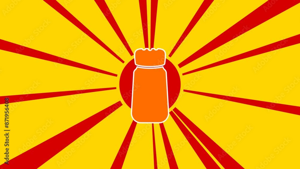 Poster pepper shaker symbol on the background of animation from moving rays of the sun. large orange symbol