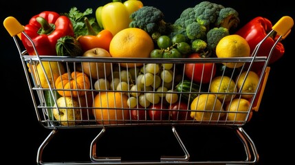 A shopping cart filled with vibrant fruits and vegetables, isolated on a rainbow-colored background, representing healthy eating and nutrition.