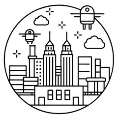 This vector illustration set features black silhouettes of urban buildings, including homes, factories, skyscrapers, and a castle, perfect for cityscapes, architecture designs, and construction indust