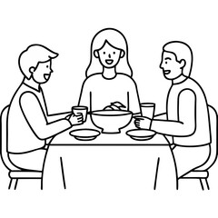 A cartoon family of three, a woman, man, and two children, sit at a cafe table enjoying breakfast and coffee