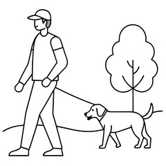 Black silhouette vector illustration of a woman walking her dog in the park