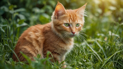 Portrait cute kitten in grass outdoors garden. Cat with kind green, orange eyes, Little young kitten.2