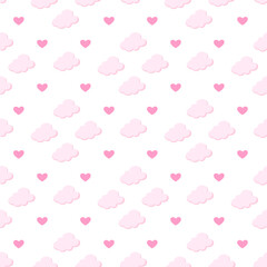 Fantasy pink cloud and heart  seamless pattern in sky pastel vector background. candy texture . Fairy paradise realistic soft cloudy sunset landscape. Sweet dream illustration painting design