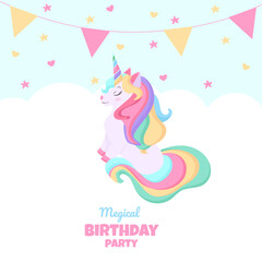 Birthday party invitation with beautiful unicorn . Template vector illustration on blue background. vector background with a rainbow unicorn in cloudy sky for banners, cards, flyers, social media wall