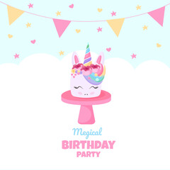 Birthday party invitation with beautiful unicorn . Template vector illustration on blue background. vector background with a rainbow unicorn in cloudy sky for banners, cards, flyers, social media wall