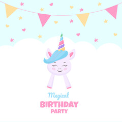 Birthday party invitation with beautiful unicorn . Template vector illustration on blue background. vector background with a rainbow unicorn in cloudy sky for banners, cards, flyers, social media wall