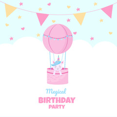 Birthday party invitation with beautiful unicorn . Template vector illustration on blue background. vector background with a rainbow unicorn in cloudy sky for banners, cards, flyers, social media wall
